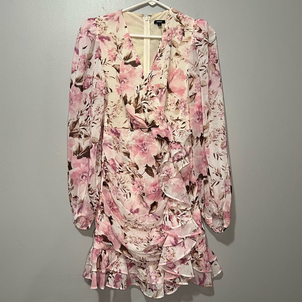 Express Floral Long Sleeve Faux Wrap Dress